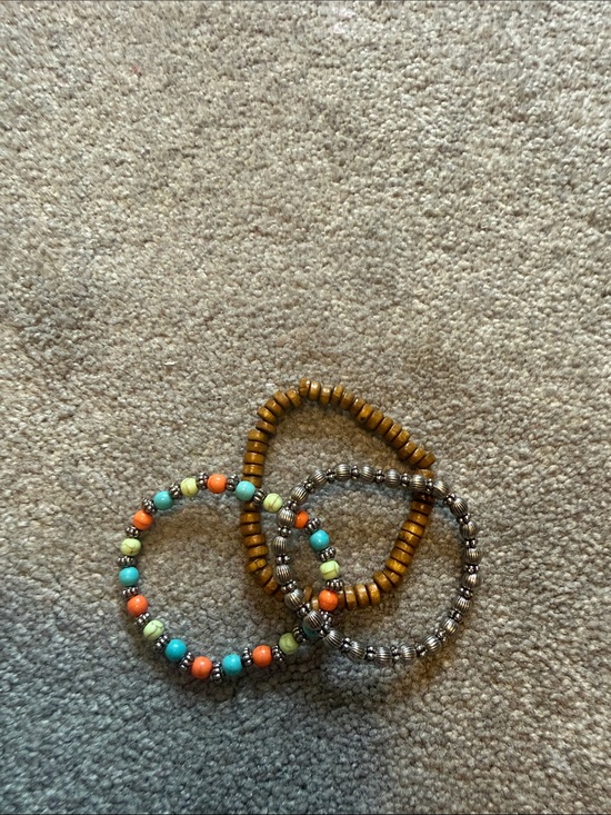 Jewelry - Beaded Stretch Bracelet Trio - Turquoise, Coral & Wood Tones